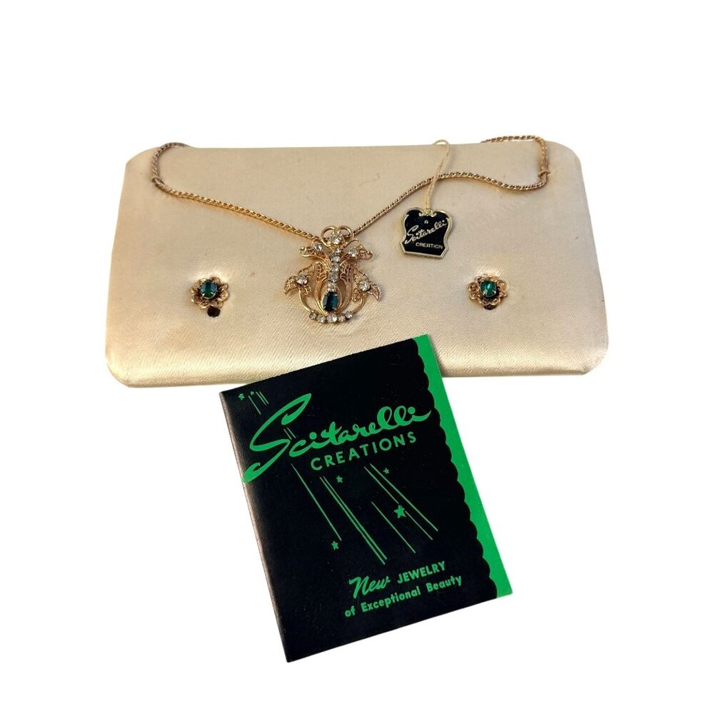 Vintage Gold Electroplate Scitarelli Creations Necklace Earrings Set w Tag & Box - Picture 2 of 16